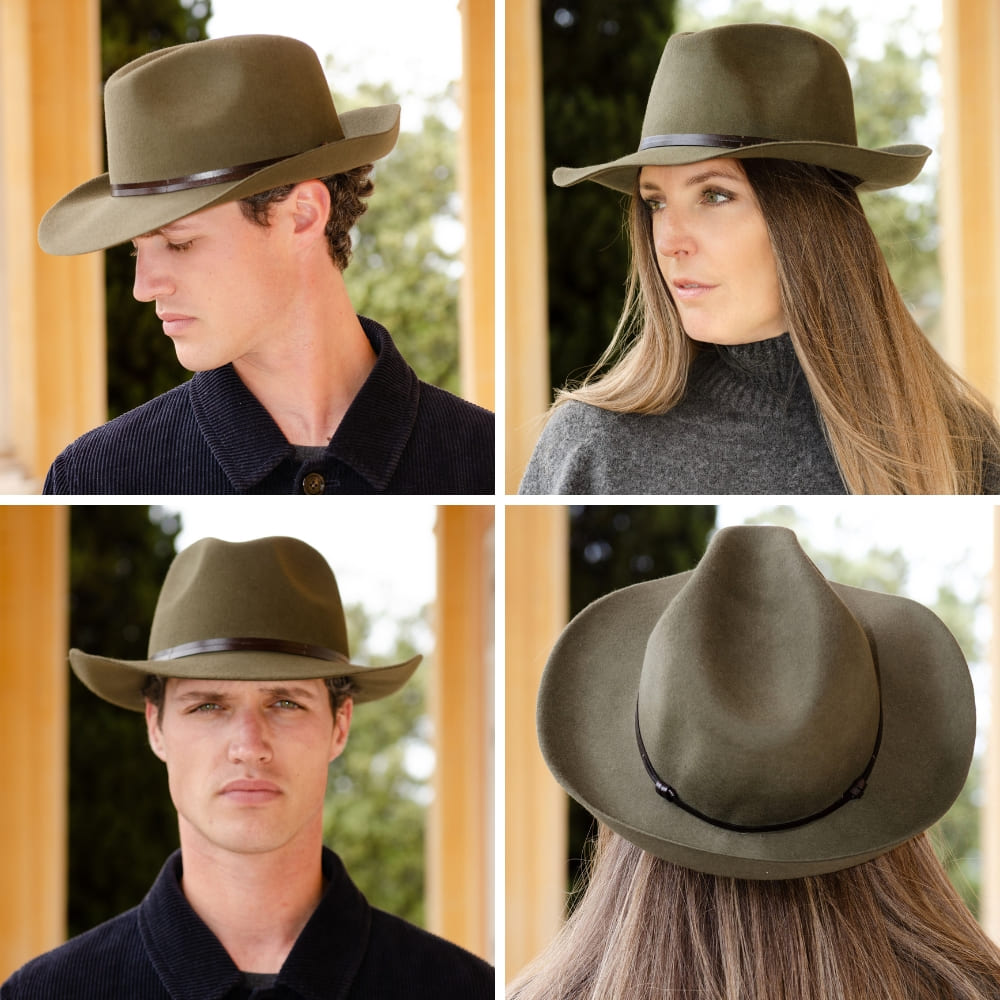 Felt fedora hat, leather strop, non stitched brim