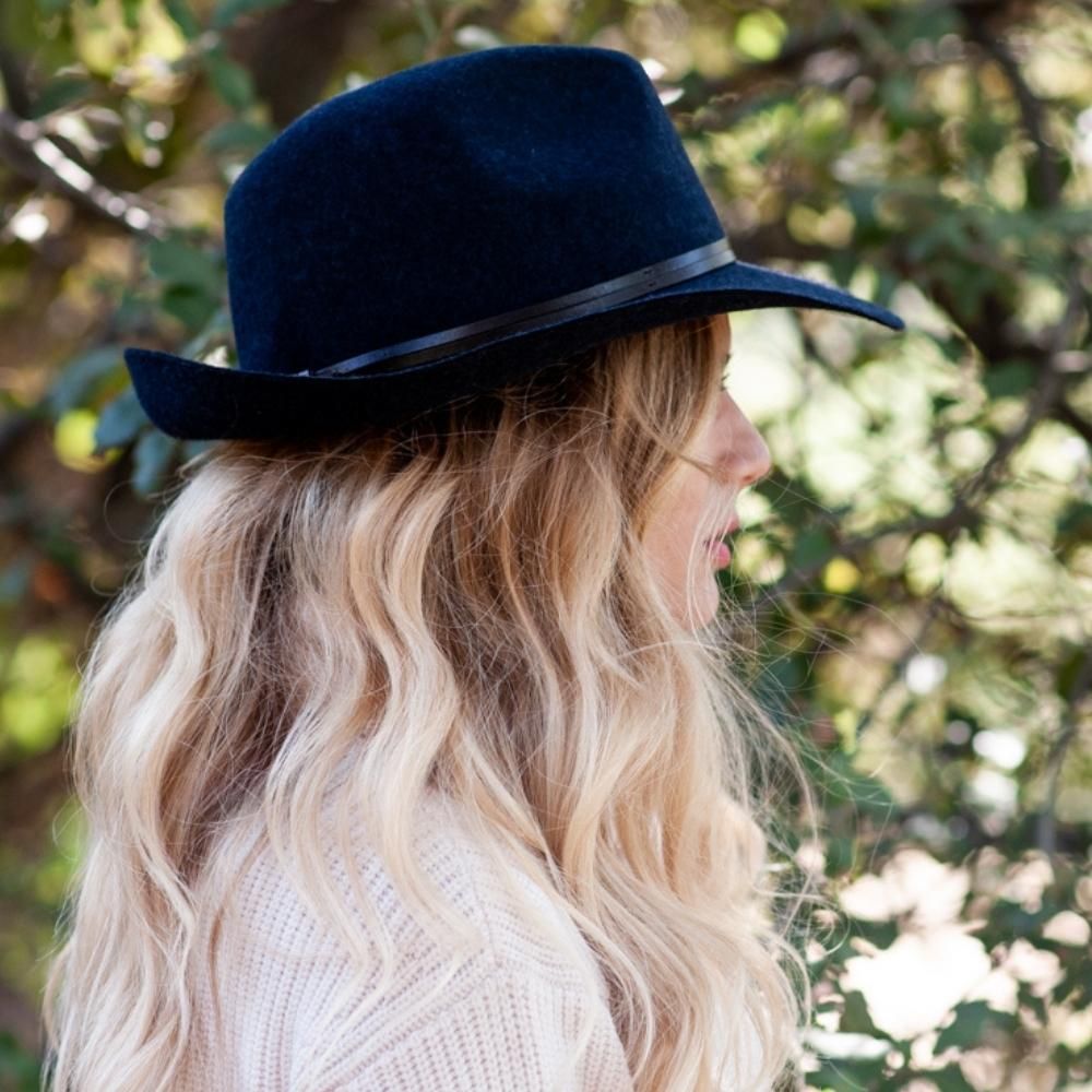 Felt fedora hat, leather strop, non stitched brim