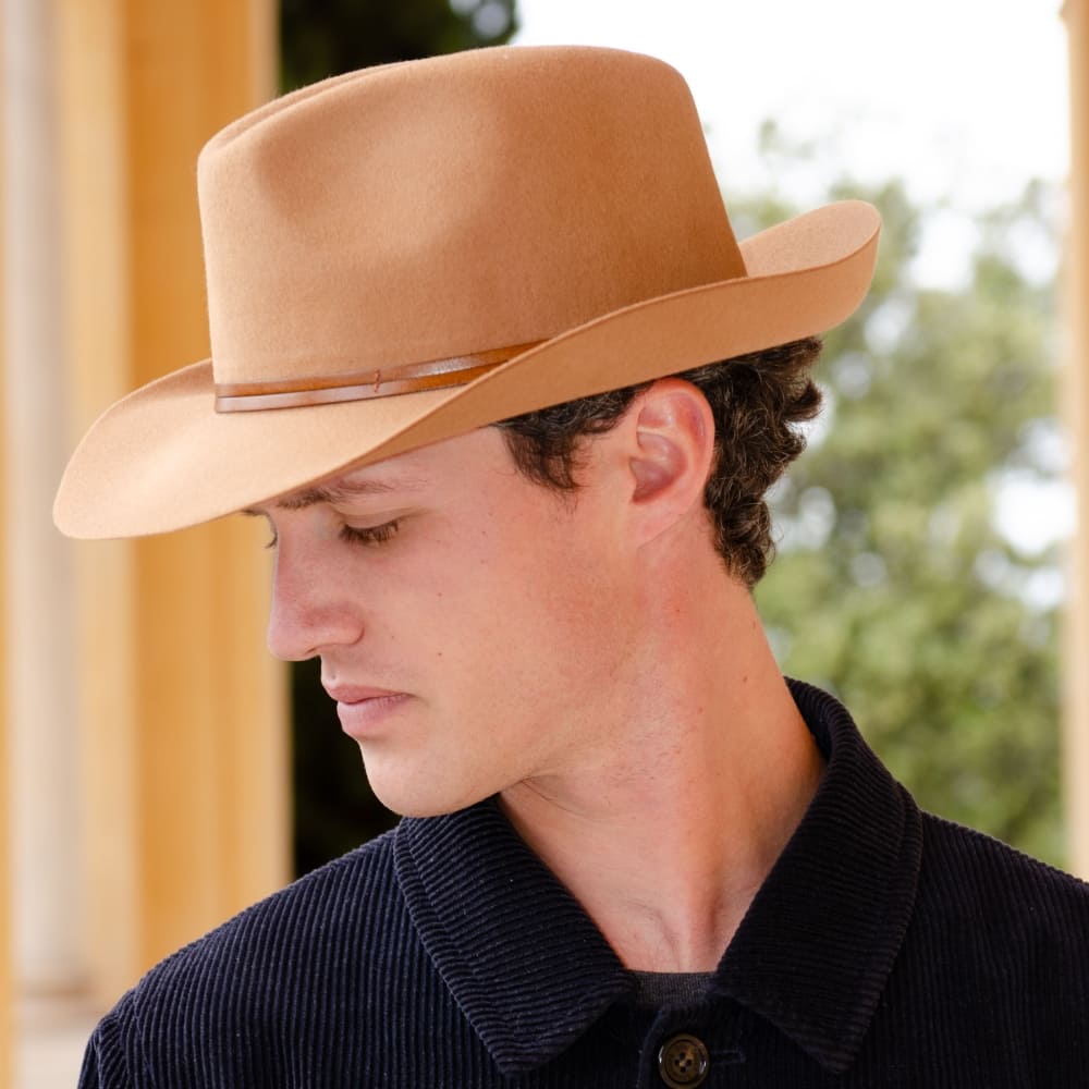 Felt fedora hat, leather strop, non stitched brim