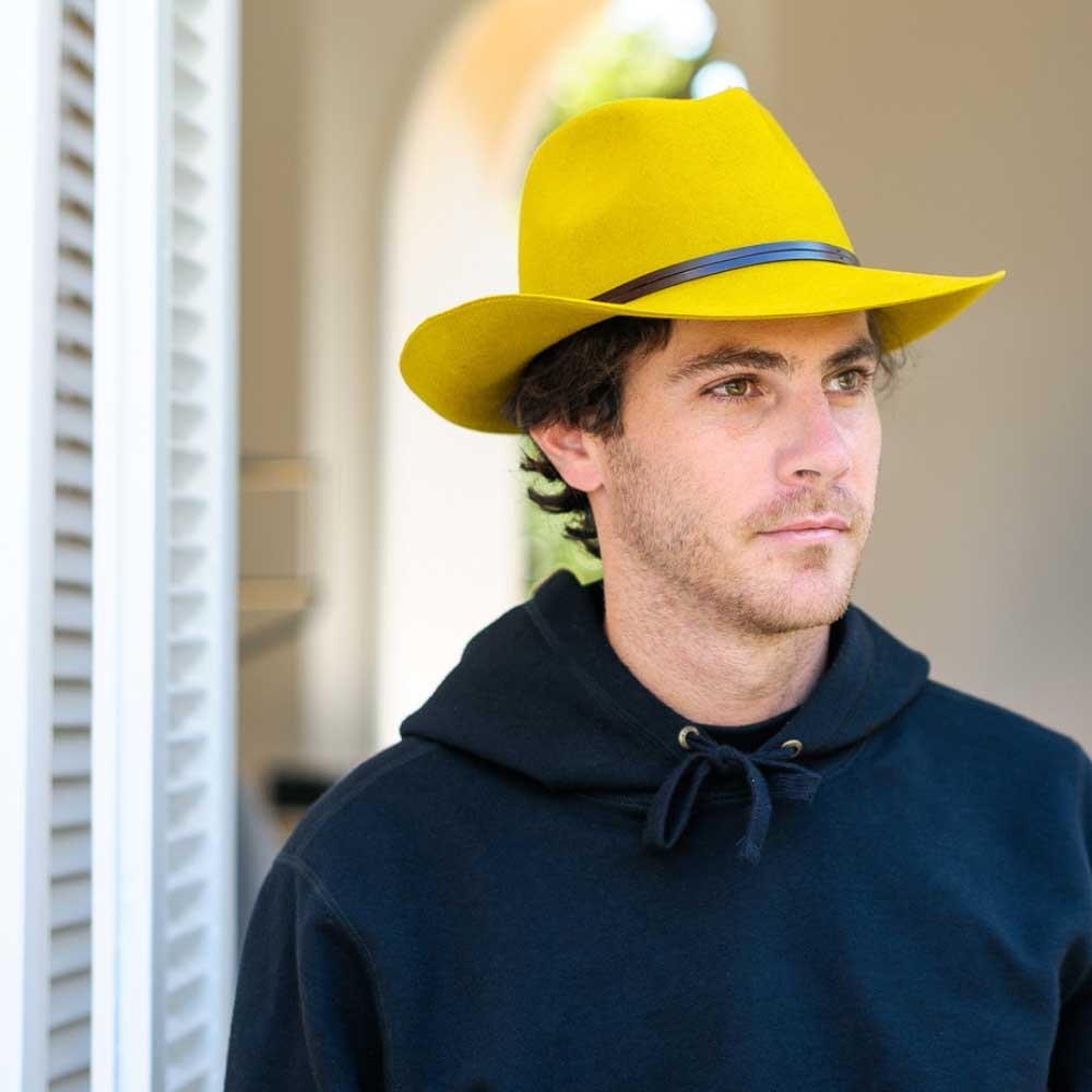 Felt fedora hat, leather strop, non stitched brim