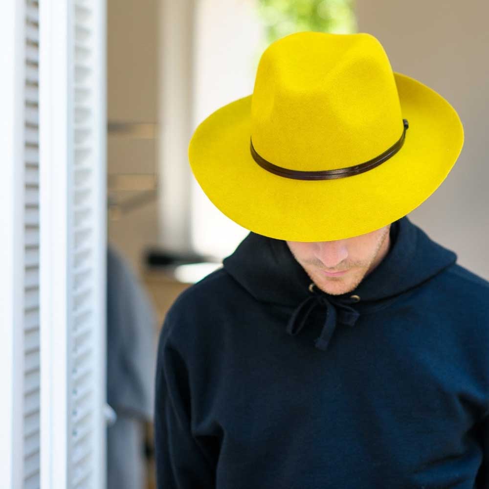 Felt fedora hat, leather strop, non stitched brim