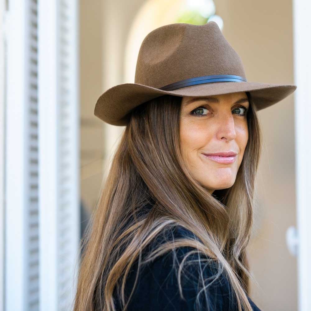 Felt fedora hat, leather strop, non stitched brim