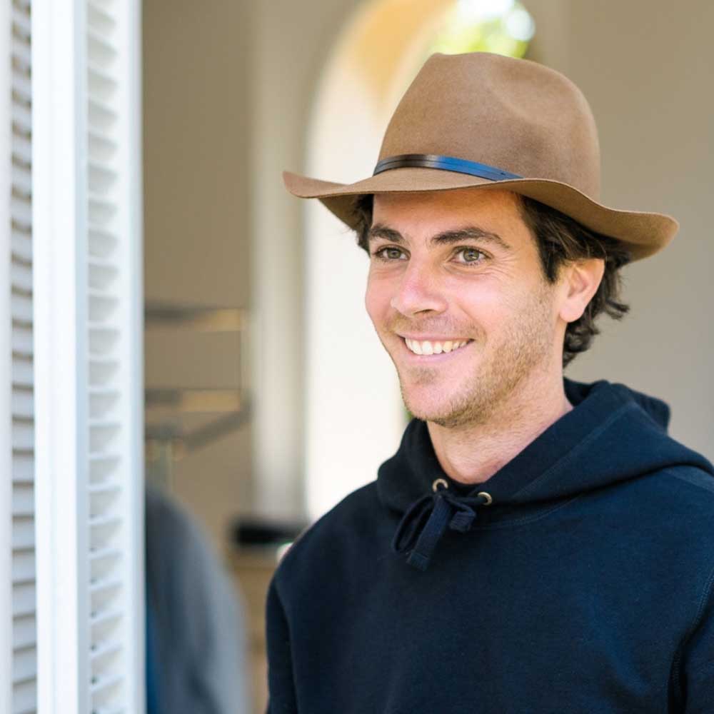 Felt fedora hat, leather strop, non stitched brim