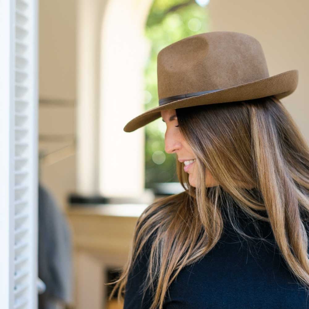 Felt fedora hat, leather strop, non stitched brim