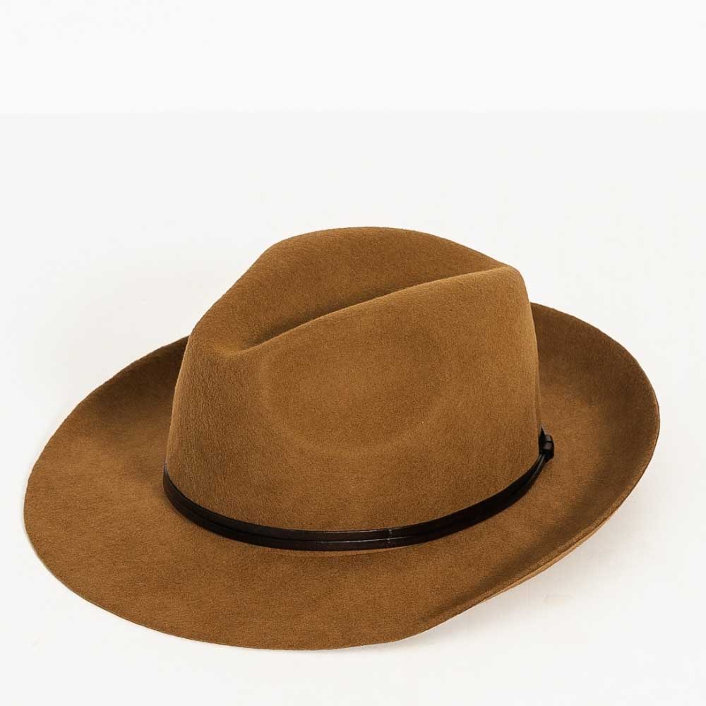Felt fedora hat, leather strop, non stitched brim