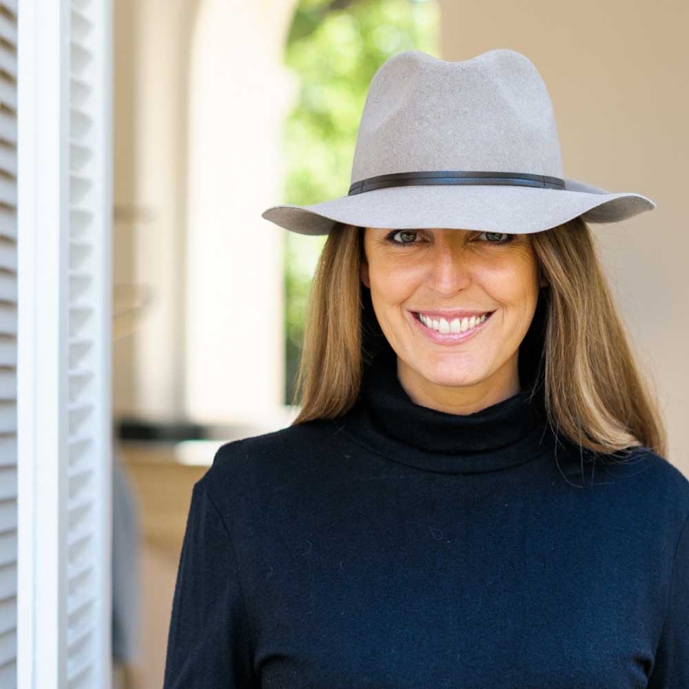 Felt fedora hat, leather strop, non stitched brim