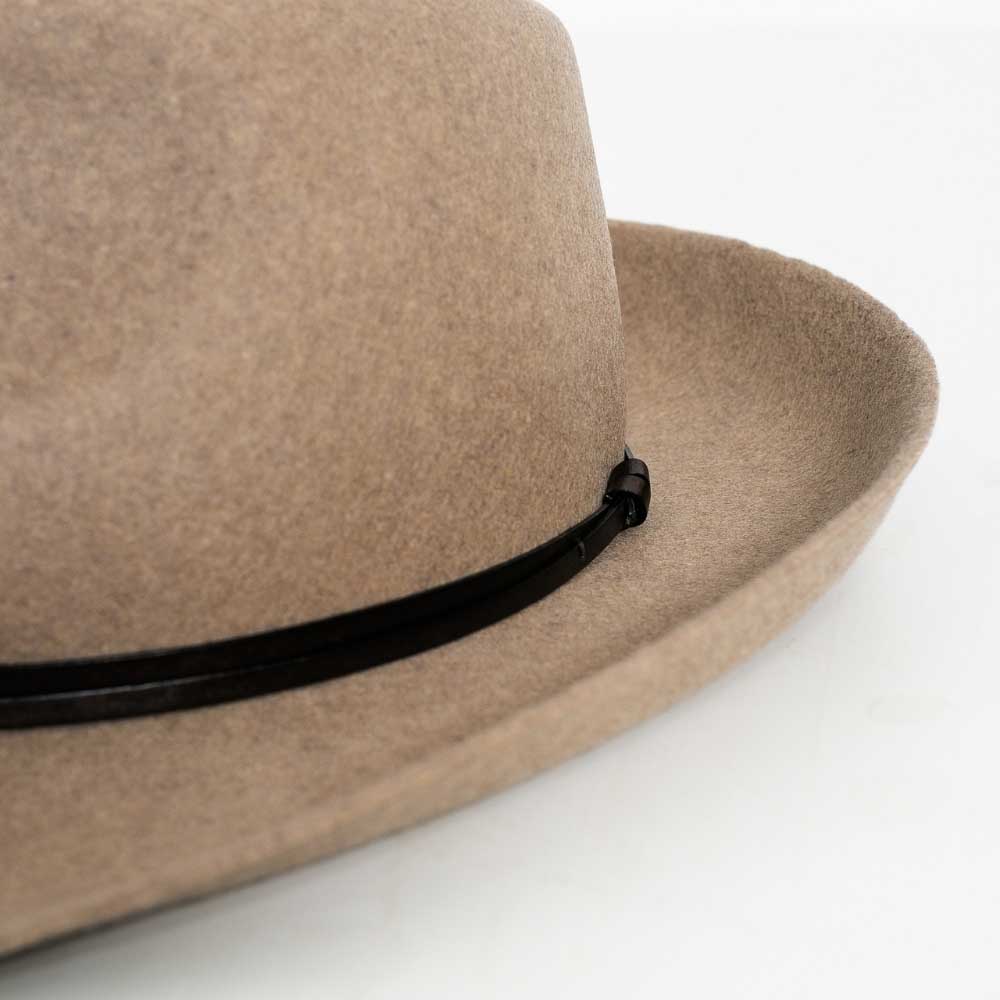 Felt fedora hat, leather strop, non stitched brim