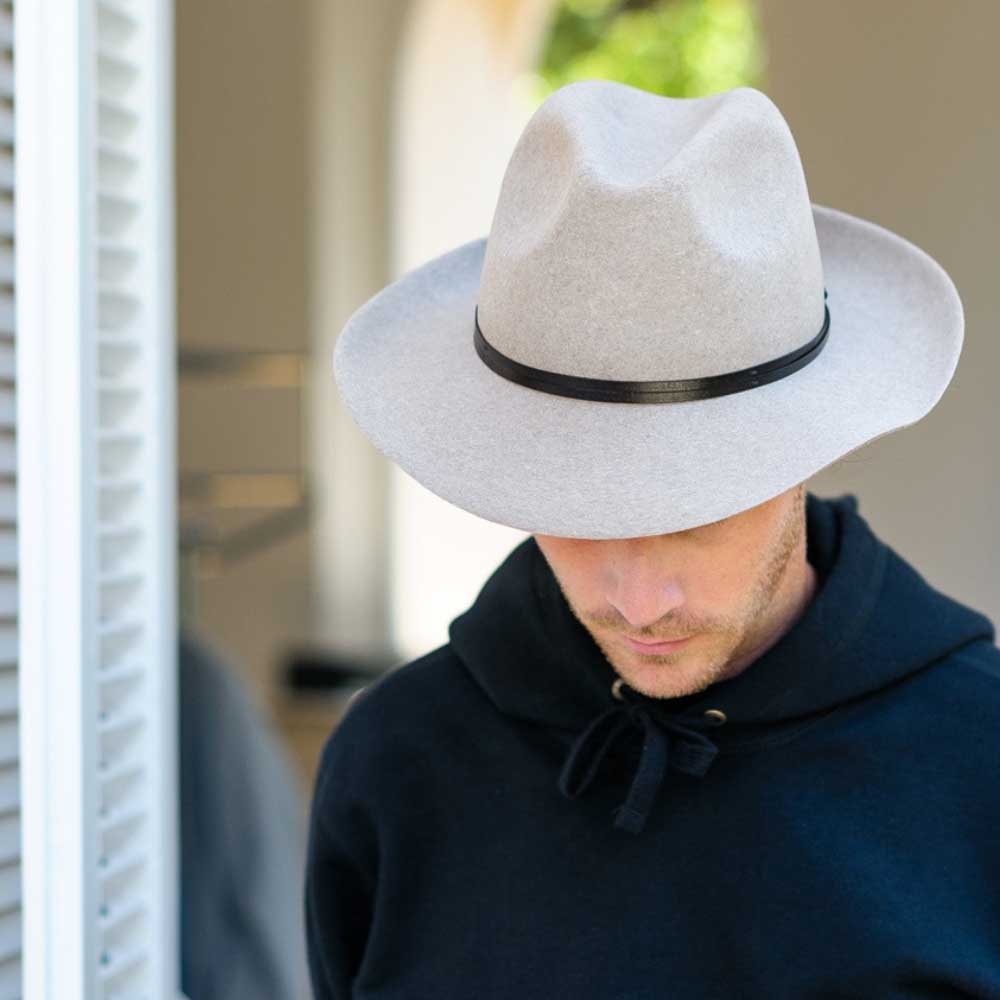 Felt fedora hat, leather strop, non stitched brim