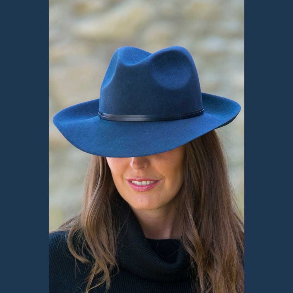 Felt fedora hat, leather strop, non stitched brim