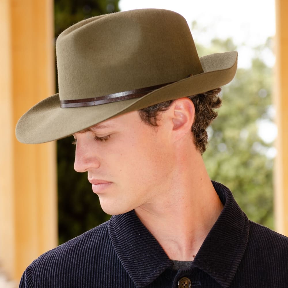 Felt fedora hat, leather strop, non stitched brim