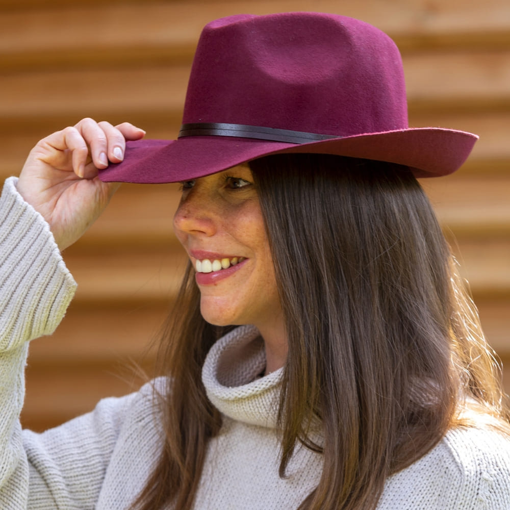 Felt fedora hat, leather strop, non stitched brim