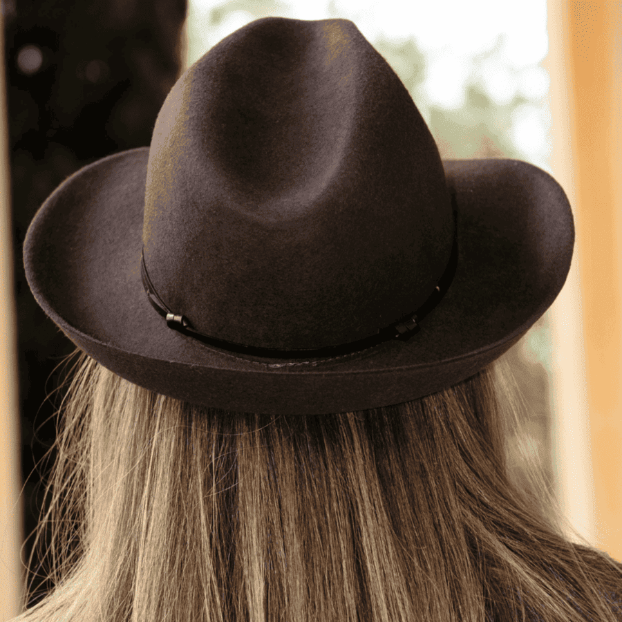 Felt fedora hat, leather strop, non stitched brim