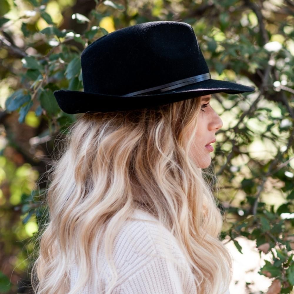 Felt fedora hat, leather strop, non stitched brim