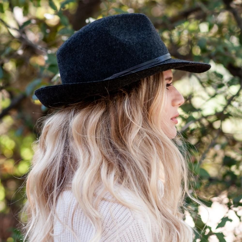 Felt fedora hat, leather strop, non stitched brim