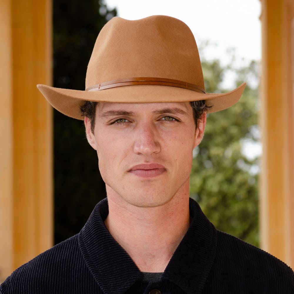 Felt fedora hat, leather strop, non stitched brim