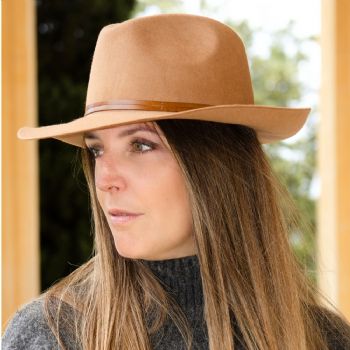 Felt fedora hat, leather strop, non stitched brim